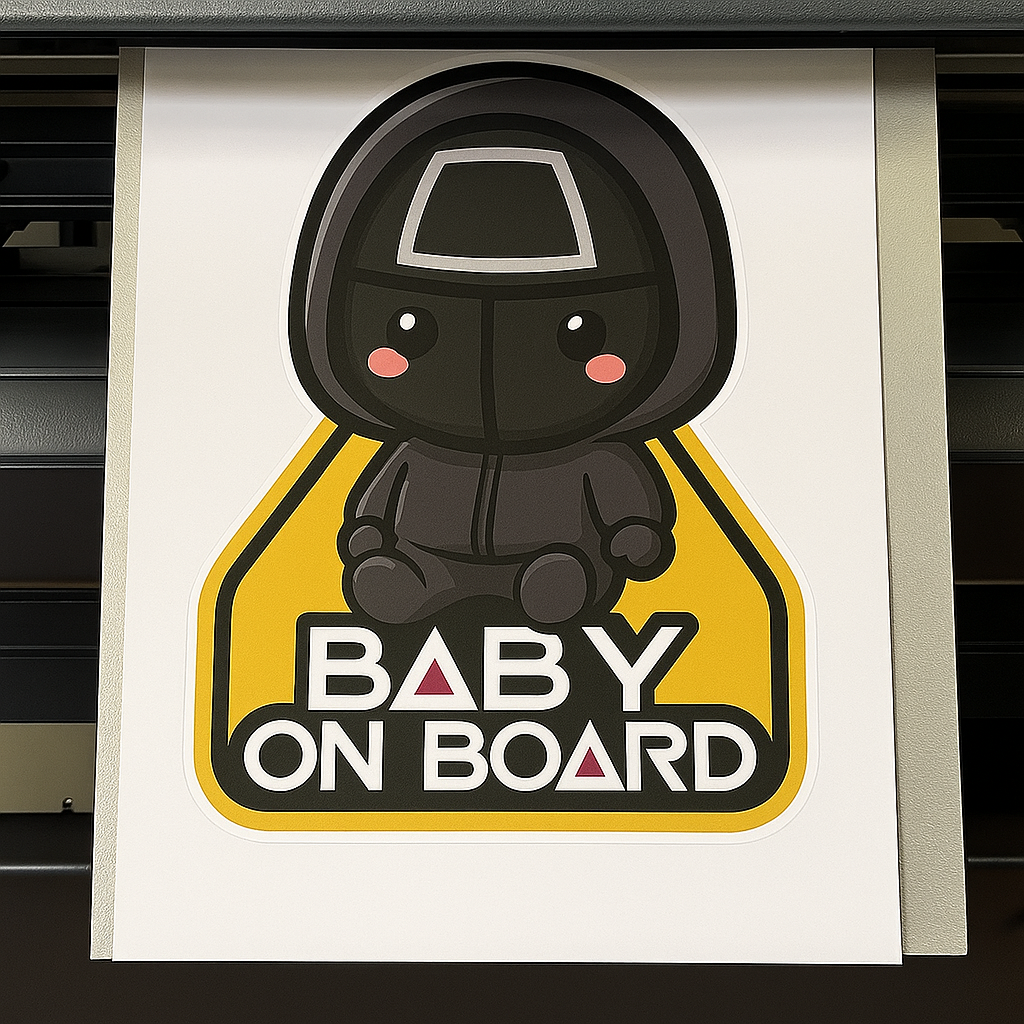 Baby On Board Car Sticker – Cute Squid Game Front Man | 6"x8" & 8"x10" Vinyl Decal