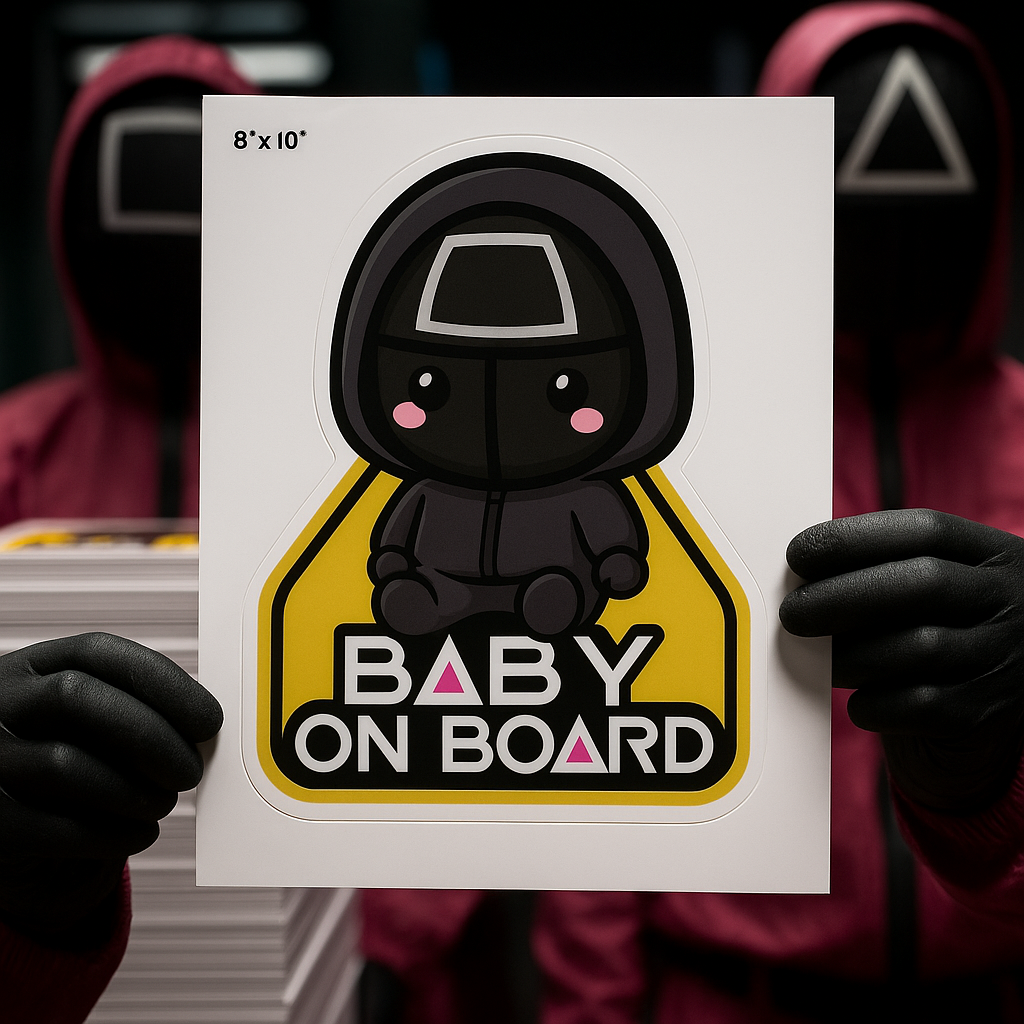 Baby On Board Car Sticker – Cute Squid Game Front Man | 6"x8" & 8"x10" Vinyl Decal
