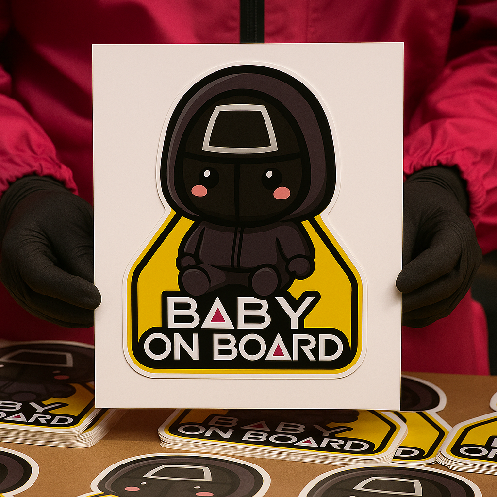 Baby On Board Car Sticker – Cute Squid Game Front Man | 6"x8" & 8"x10" Vinyl Decal