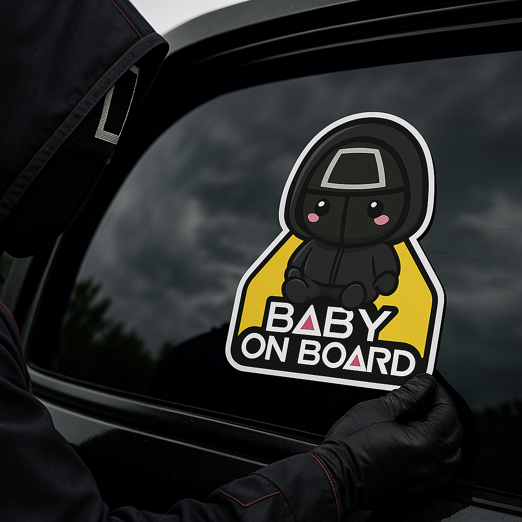 Baby On Board Car Sticker – Cute Squid Game Front Man | 6"x8" & 8"x10" Vinyl Decal
