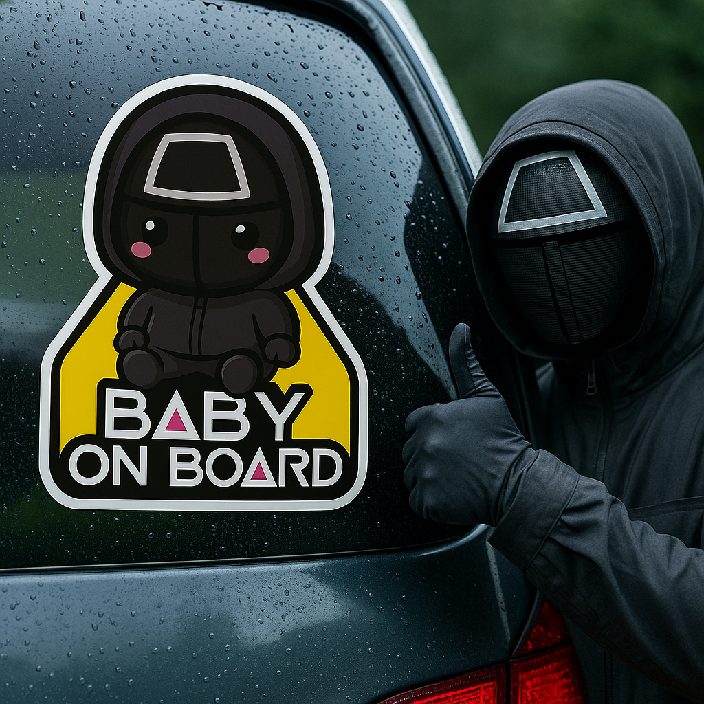 Baby On Board Car Sticker – Cute Squid Game Front Man | 6"x8" & 8"x10" Vinyl Decal