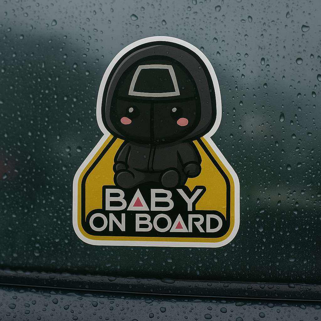 Baby On Board Car Sticker – Cute Squid Game Front Man | 6"x8" & 8"x10" Vinyl Decal