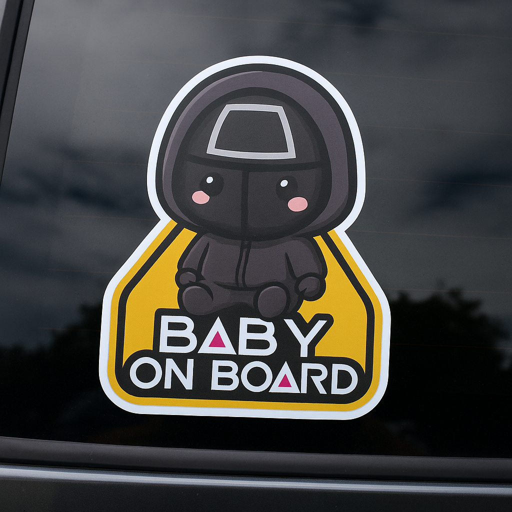 Baby On Board Car Sticker – Cute Squid Game Front Man | 6"x8" & 8"x10" Vinyl Decal