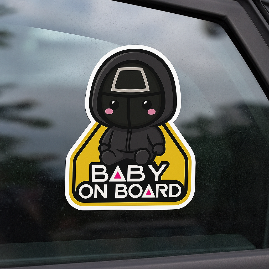 Baby On Board Car Sticker – Cute Squid Game Front Man | 6"x8" & 8"x10" Vinyl Decal