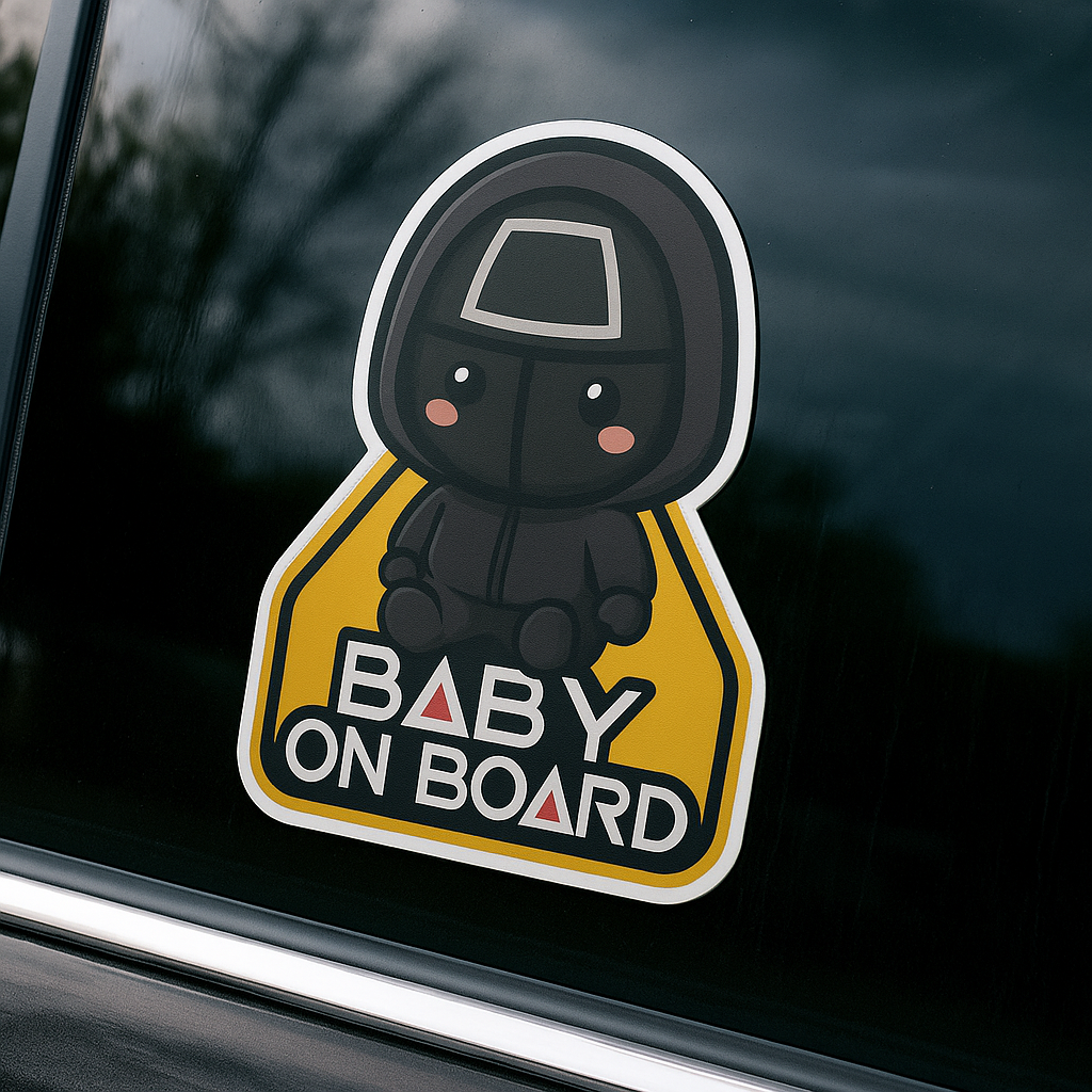 Baby On Board Car Sticker – Cute Squid Game Front Man | 6"x8" & 8"x10" Vinyl Decal