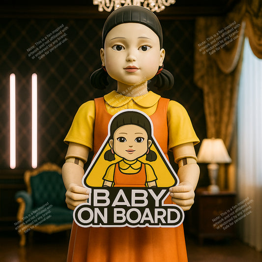 Baby On Board Car Sticker – Cute Squid Game Robot Girl Doll | 6"x8" & 8"x10" Vinyl Decal