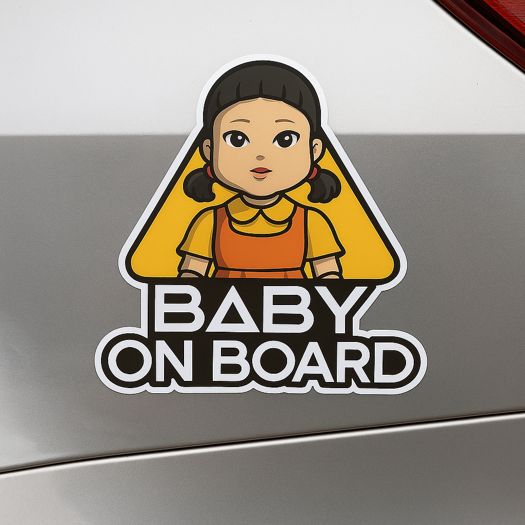 Baby On Board Car Sticker – Cute Squid Game Robot Girl Doll | 6"x8" & 8"x10" Vinyl Decal