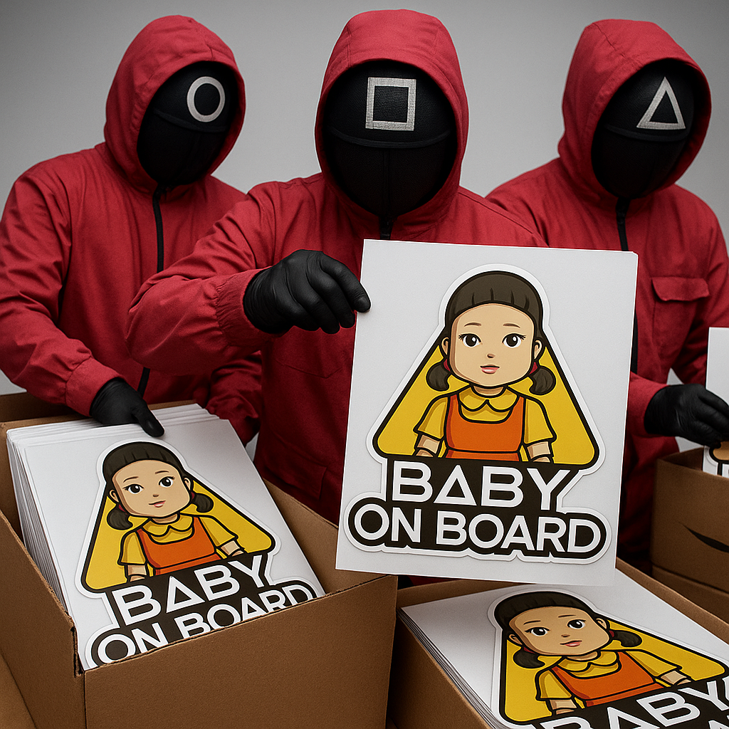 Baby On Board Car Sticker – Cute Squid Game Robot Girl Doll | 6"x8" & 8"x10" Vinyl Decal