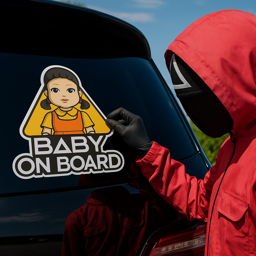 Baby On Board Car Sticker – Cute Squid Game Robot Girl Doll | 6"x8" & 8"x10" Vinyl Decal
