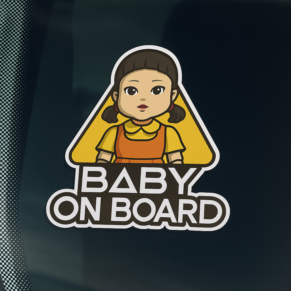 Baby On Board Car Sticker – Cute Squid Game Robot Girl Doll | 6"x8" & 8"x10" Vinyl Decal