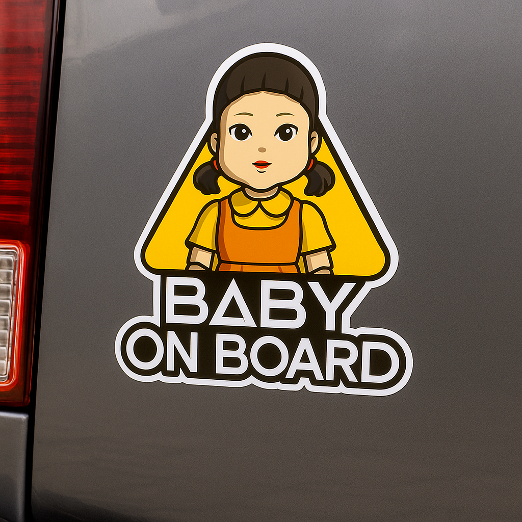 Baby On Board Car Sticker – Cute Squid Game Robot Girl Doll | 6"x8" & 8"x10" Vinyl Decal