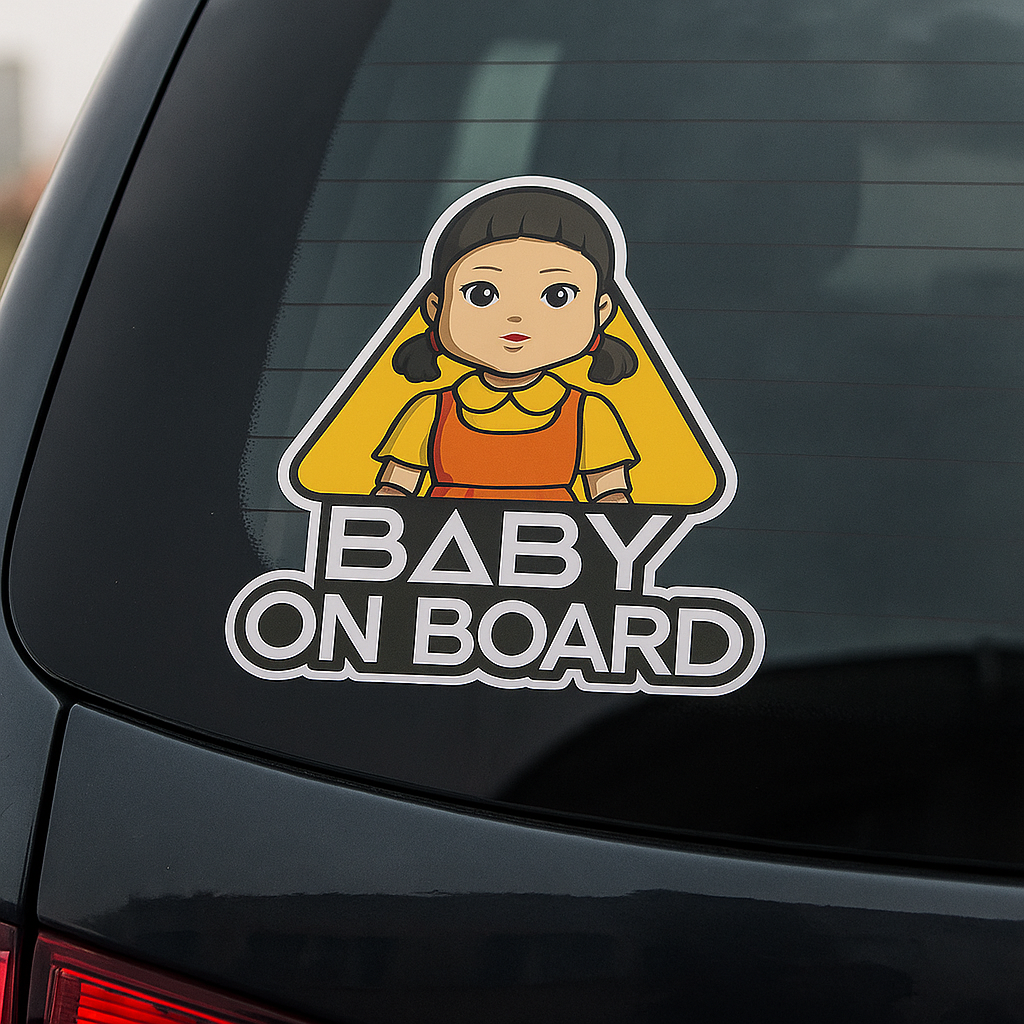 Baby On Board Car Sticker – Cute Squid Game Robot Girl Doll | 6"x8" & 8"x10" Vinyl Decal