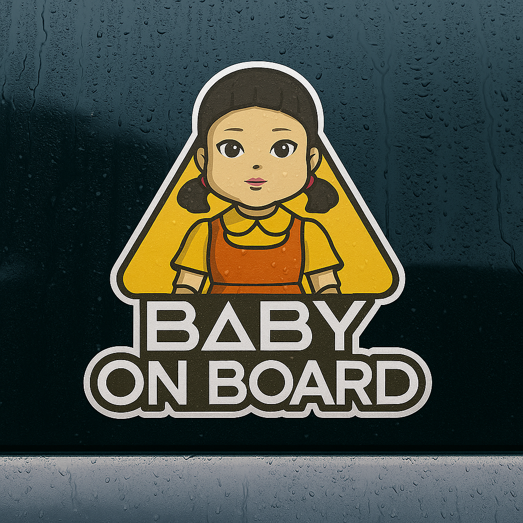 Baby On Board Car Sticker – Cute Squid Game Robot Girl Doll | 6"x8" & 8"x10" Vinyl Decal