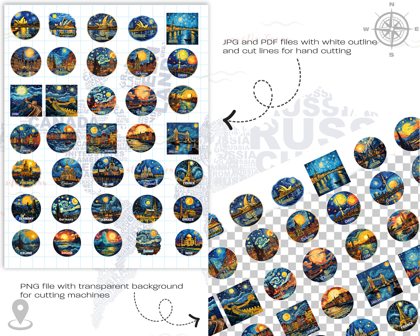 Van Gogh Travel Stickers – Famous Landmarks & Countries Inspired by Starry Night | Digital Decals for Laptop, Scrapbook, Luggage & More