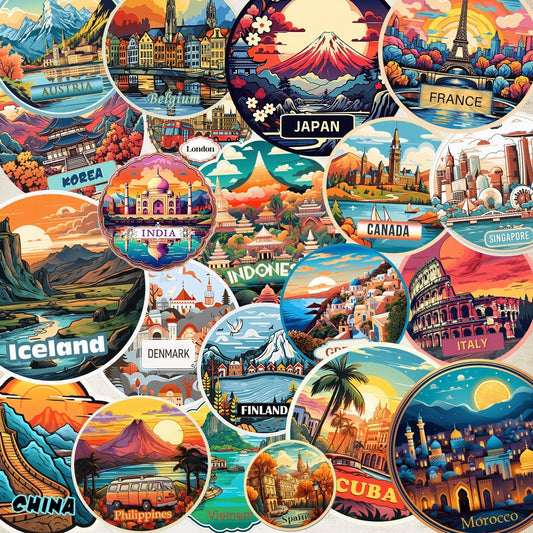 100+ Travel Destination Digital Stickers – Famous Landmarks, Countries & Tourism Decals for Laptop, Car, Scrapbook & Luggage