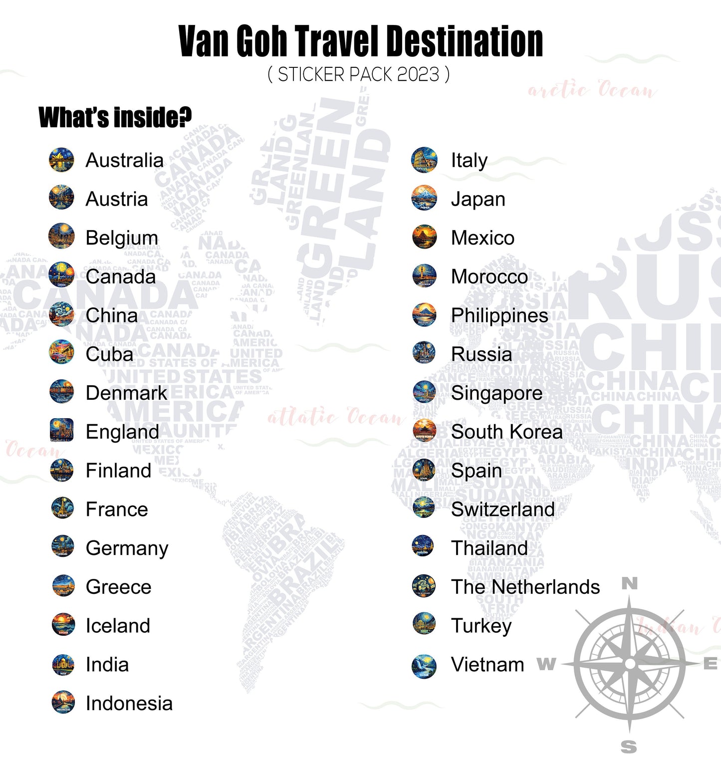 Van Gogh Travel Stickers – Famous Landmarks & Countries Inspired by Starry Night | Digital Decals for Laptop, Scrapbook, Luggage & More