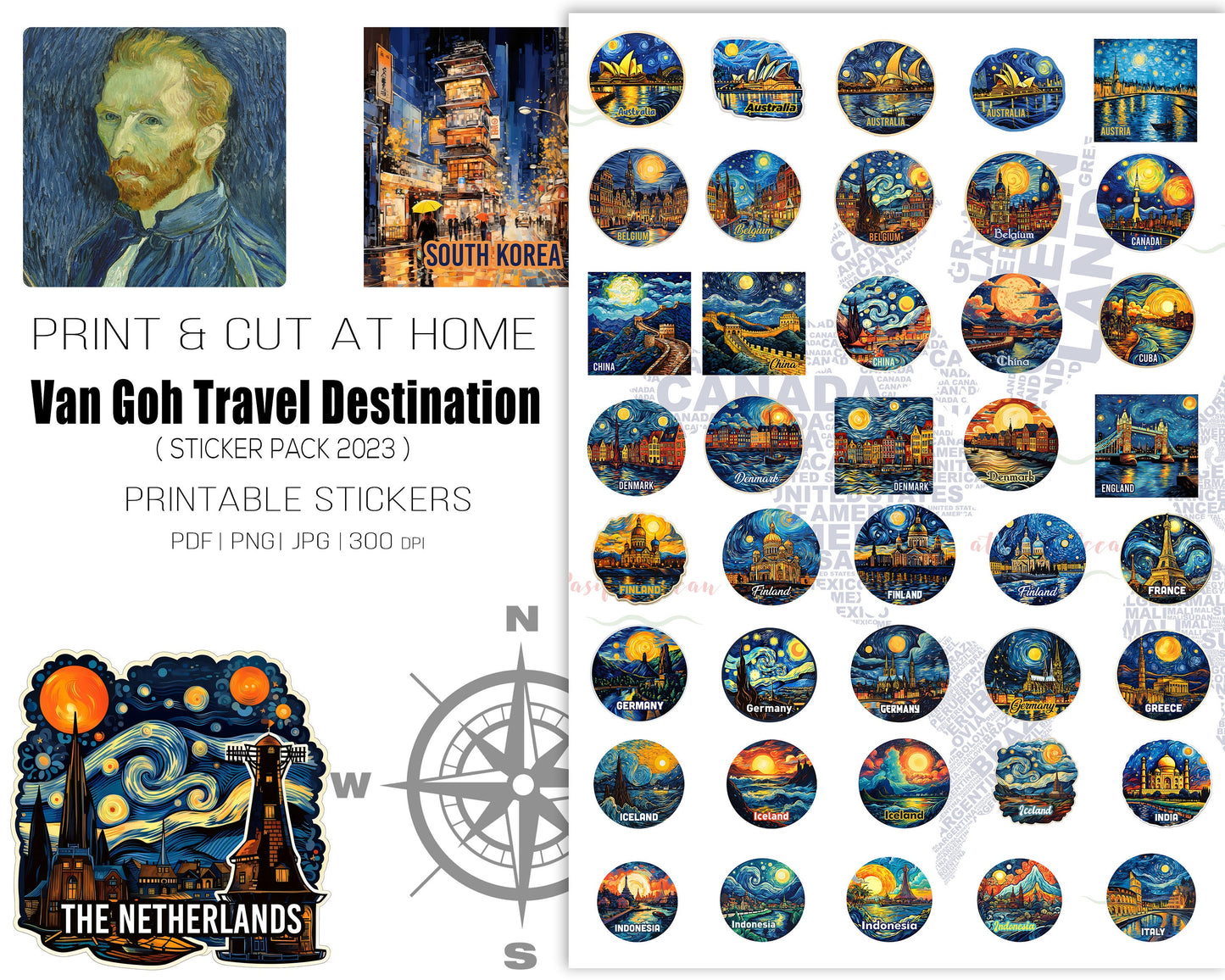 Van Gogh Travel Stickers – Famous Landmarks & Countries Inspired by Starry Night | Digital Decals for Laptop, Scrapbook, Luggage & More