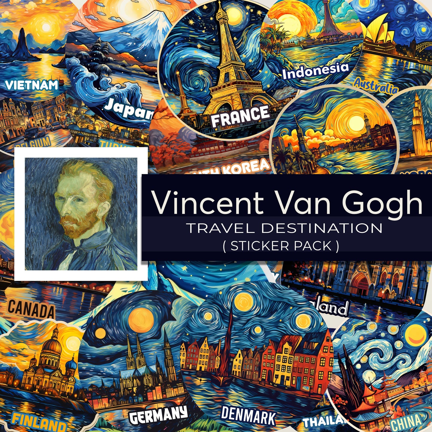 Van Gogh Travel Stickers – Famous Landmarks & Countries Inspired by Starry Night | Digital Decals for Laptop, Scrapbook, Luggage & More