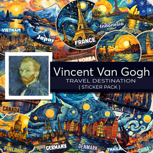 Van Gogh Travel Stickers – Famous Landmarks & Countries Inspired by Starry Night | Digital Decals for Laptop, Scrapbook, Luggage & More