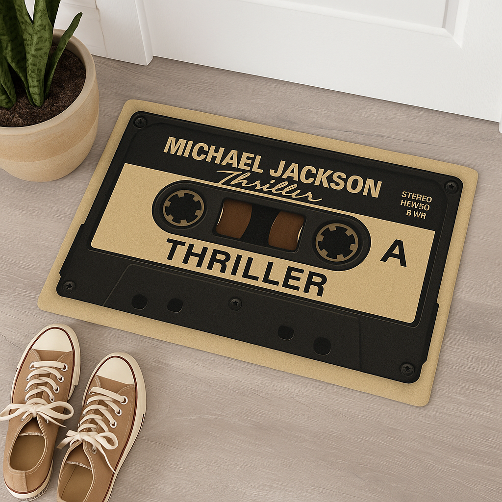 Retro Thriller Cassette Doormat – 18"x30" Vintage Michael Jackson Rug for Music Lovers