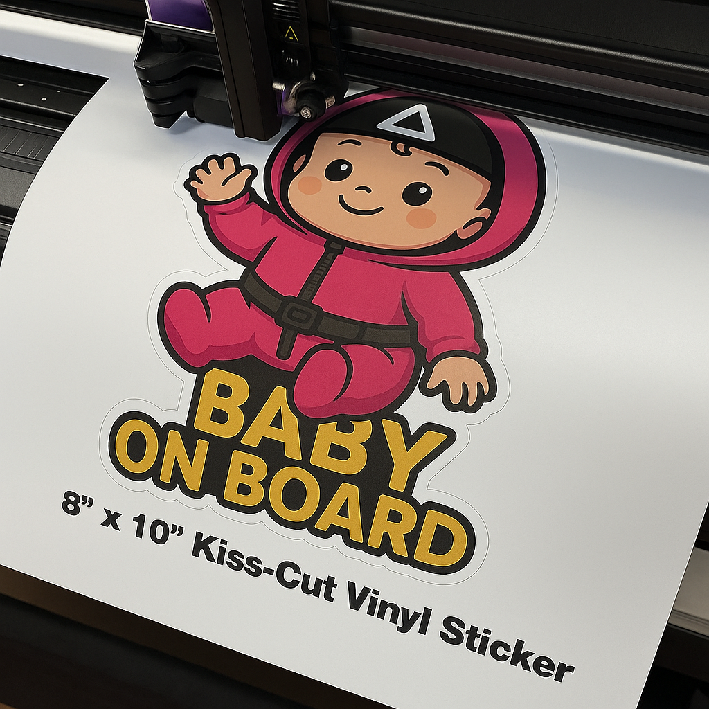 Baby On Board Car Sticker – Cute Squid Game Soldier Guard Vinyl Decal | 6"x8" & 8"x10" Kiss-Cut Sizes
