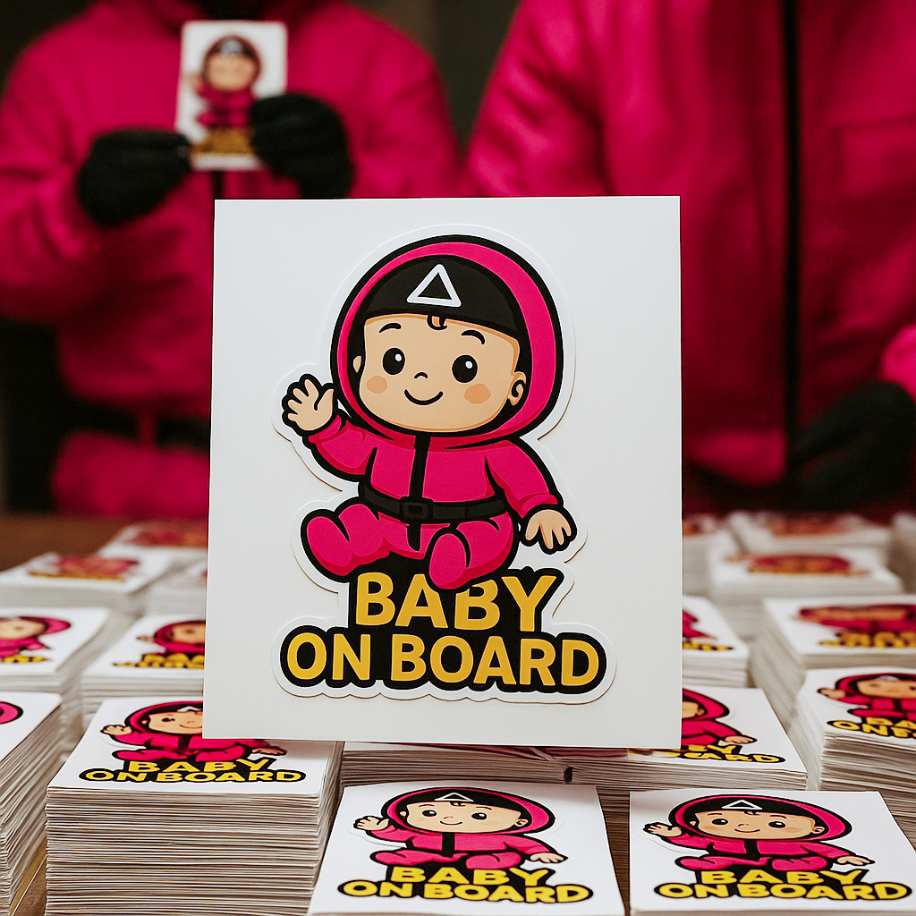 Baby On Board Car Sticker – Cute Squid Game Soldier Guard Vinyl Decal | 6"x8" & 8"x10" Kiss-Cut Sizes