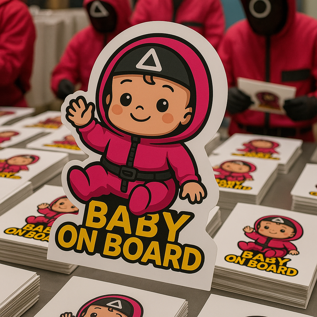 Baby On Board Car Sticker – Cute Squid Game Soldier Guard Vinyl Decal | 6"x8" & 8"x10" Kiss-Cut Sizes