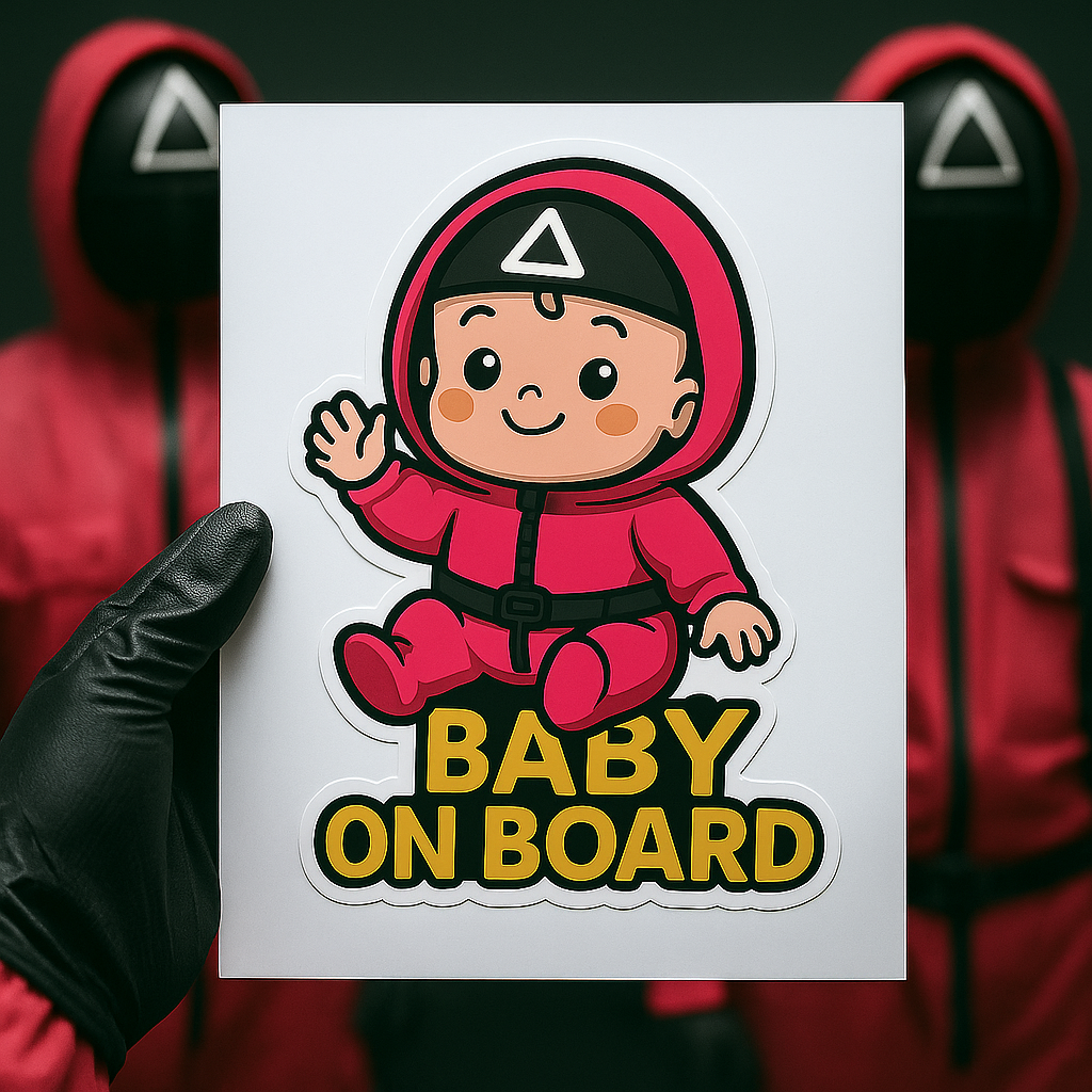 Baby On Board Car Sticker – Cute Squid Game Soldier Guard Vinyl Decal | 6"x8" & 8"x10" Kiss-Cut Sizes