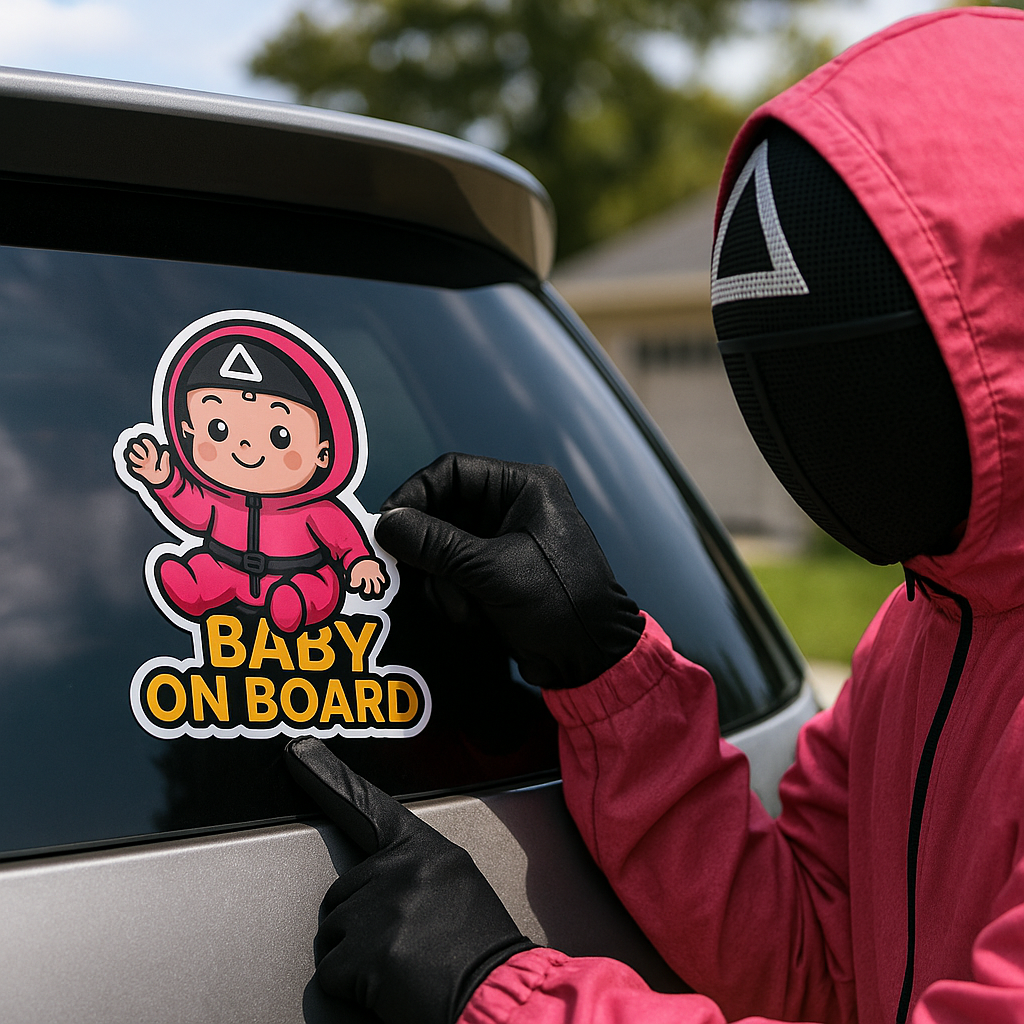 Baby On Board Car Sticker – Cute Squid Game Soldier Guard Vinyl Decal | 6"x8" & 8"x10" Kiss-Cut Sizes