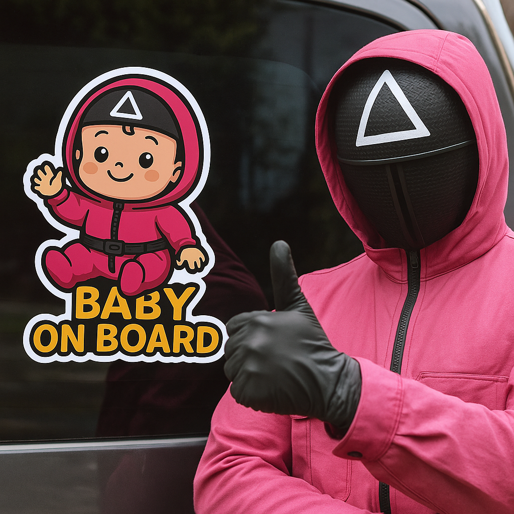 Baby On Board Car Sticker – Cute Squid Game Soldier Guard Vinyl Decal | 6"x8" & 8"x10" Kiss-Cut Sizes