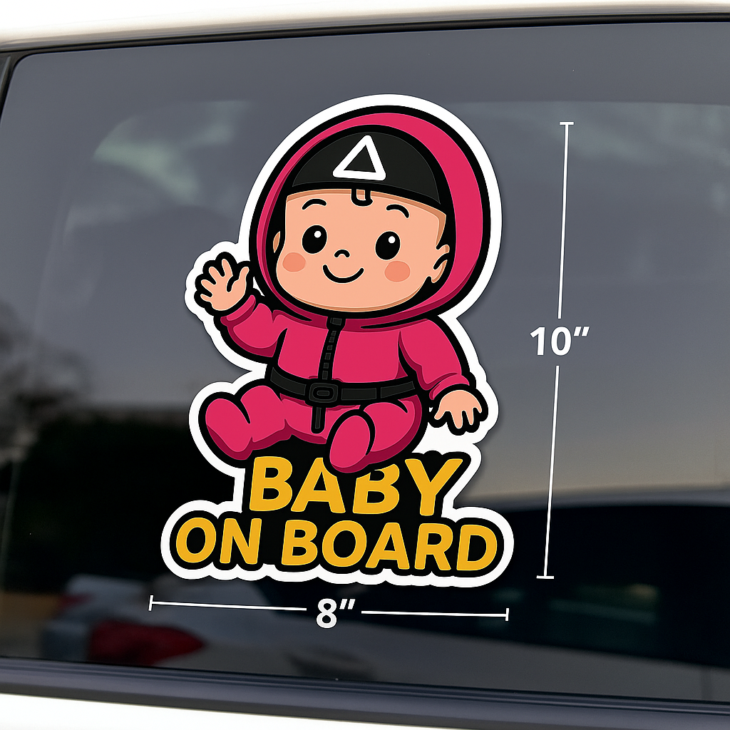 Baby On Board Car Sticker – Cute Squid Game Soldier Guard Vinyl Decal | 6"x8" & 8"x10" Kiss-Cut Sizes