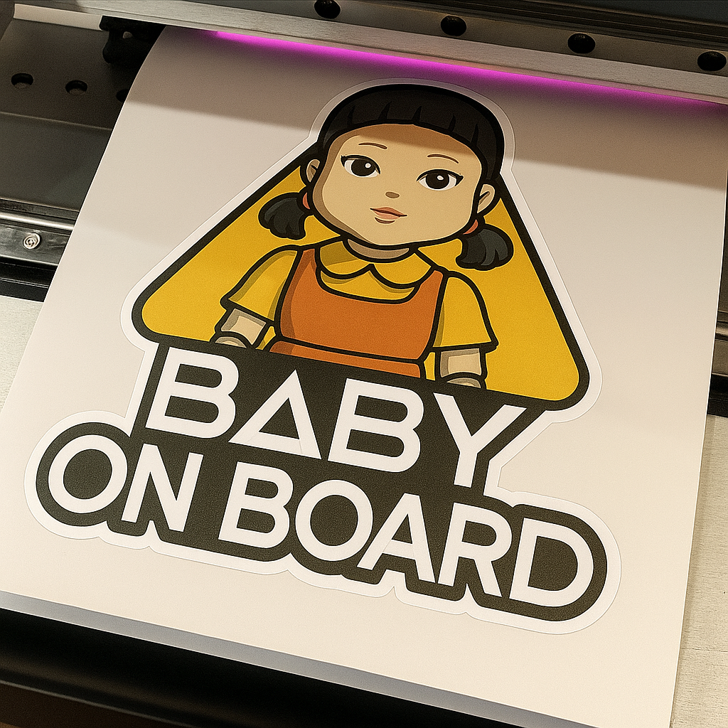 Baby On Board Car Sticker – Cute Squid Game Robot Girl Doll | 6"x8" & 8"x10" Vinyl Decal