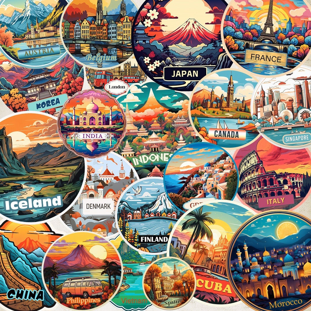 100+ Travel Destination Digital Stickers – Famous Landmarks, Countries & Tourism Decals for Laptop, Car, Scrapbook & Luggage